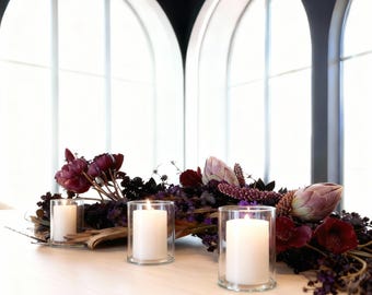 Black Eucalyptus Farmhouse Table Decor Centerpiece: Glass Covers and Flameless Pillar Candles
