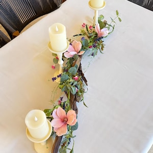 Wildflower Eucalyptus Magnolia Vine Table Centerpiece with Driftwood Candle Holders
