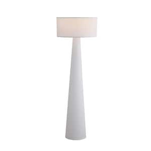 May include: A modern white floor lamp with a conical base and a cylindrical lampshade. The lampshade is white and emits a soft glow. The lamp is a simple, elegant design, suitable for various interior styles.