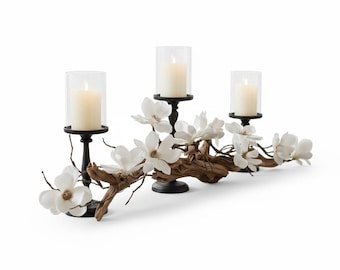 Farmhouse Table Decor Centerpiece: Black Candle Holders & Magnolia Floral Decor