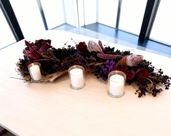 Black Farmhouse Table Decor Centerpiece: Eucalyptus Pink Proteas Glass Covers and Flameless Pillar Candles