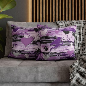 Abstract Purple Pawprint and Heart Square Pillow Cover