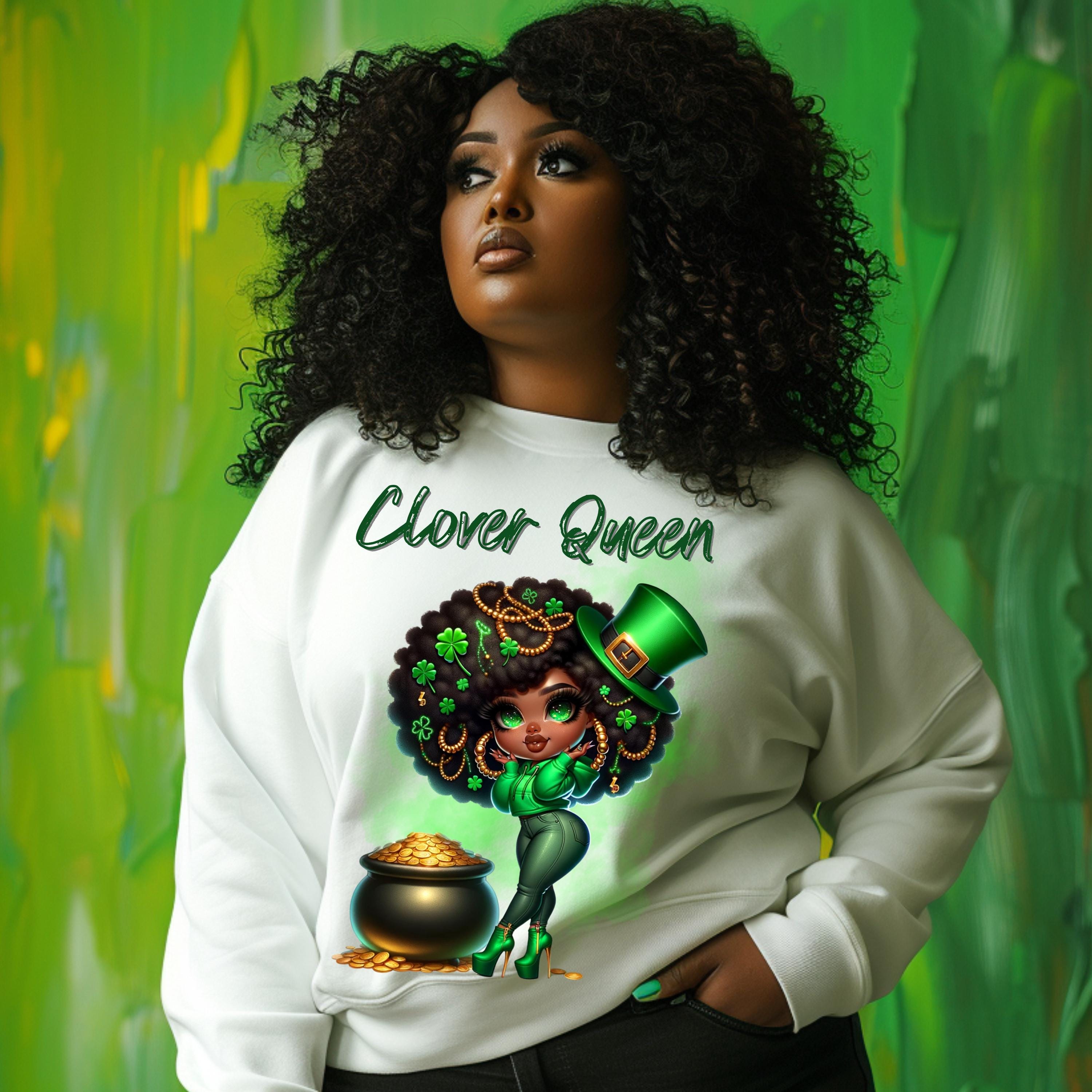 Clover Queen PNG, Black Girl St. Patrick's Day Design, Afro Leprechaun PNG, Lucky Green Woman Clipart, DTF Transfer, Sublimation Download