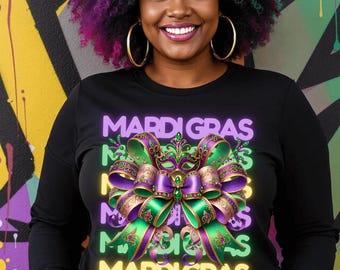 Mardi Gras Bow PNG: Jeweled Mask Design for DTF & Sublimation