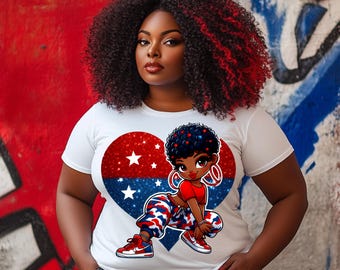 May include: A white t-shirt with a red, white, and blue heart design featuring a cartoon girl with a red shirt, blue camo pants, and hoop earrings. The heart is filled with glitter and stars.