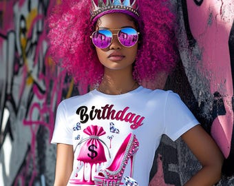 Tacón rosa brillante y bolsa de dinero PNG: Gráfico glamoroso de la reina del cumpleaños (Descarga digital)