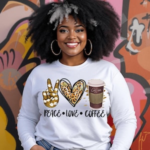 Peace Love Coffee PNG: Glitter Leopard Print Design (Digital Download)