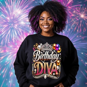 May include: Black sweatshirt with a gold and pink graphic that says "Birthday Diva" with a crown, balloons, and pearls.