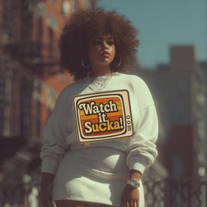 Op de afbeelding: Een persoon draagt een witte sweatshirt en rok. De sweatshirt heeft een retro-televisie-afbeelding met de tekst "Watch it Sucka!". De persoon draagt een zilveren horloge en oorringen. De achtergrond toont een stadsstraat.