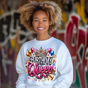 Birthday Queen PNG - Digital Download for DTF & Sublimation - Glam Birthday Shirt Design - Crown and Balloons T-Shirt Print - Party Theme