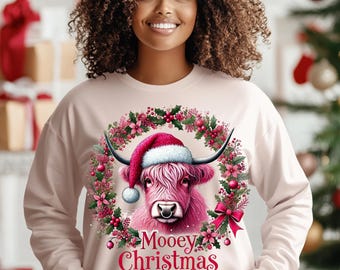 Mooey Christmas PNG - Highland Cow Holiday Design for DTF & Sublimation - Includes Mockups