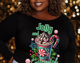 Jolly and Caffeinated PNG – Julens varm choklad sublimering och DTF-design med pepparmyntsgodis