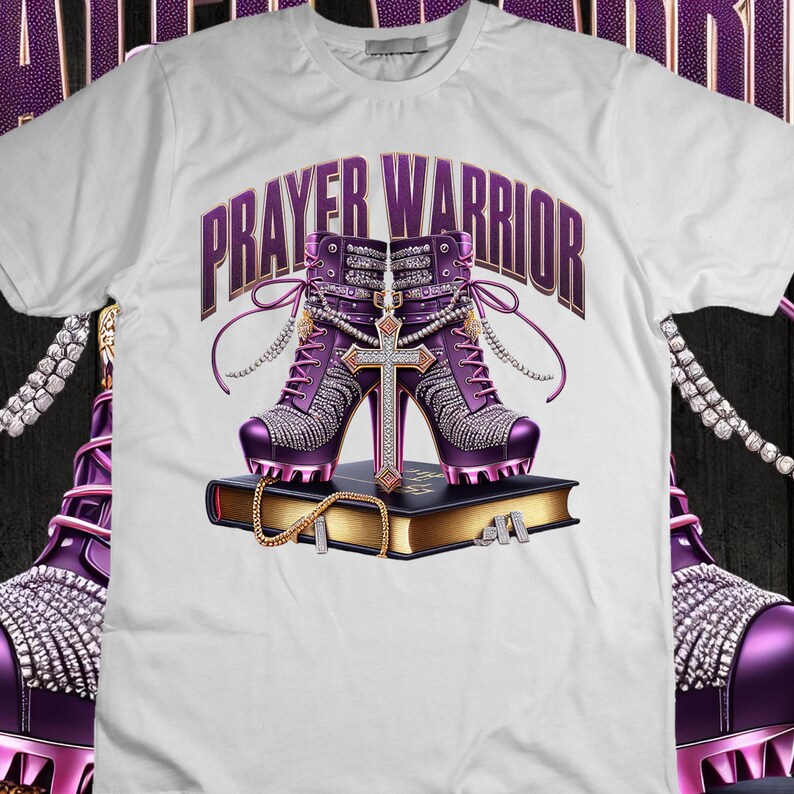 May include: White t-shirt with the text "PRAYER WARRIOR" in purple letters. Two purple high-heeled shoes with jeweled embellishments are on top of a closed book with a gold cross.
