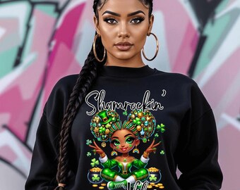 Shamrockin&#39; Vibes St. Patrick&#39;s Day PNG - Black Girl Magic Sublimation, DTF Transfer Ready, Cute St. Paddy&#39;s Digital Download