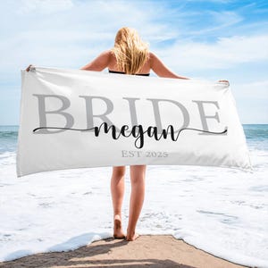 Personalized Bride Beach Towel - Custom Name & Wedding Year - Bachelorette Gift, Bridal Party Favors, 6 Colors - Bulk Orders Available