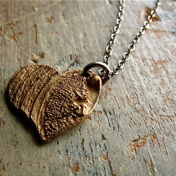 this heart necklace - bronze faux bois charm pendant, sterling silver chain - wood grain, hand crafted