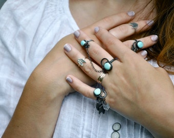 Custom Chained in Turquoise Double Dark Silver Ring