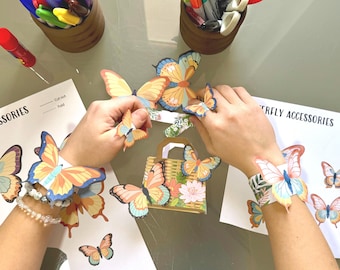 Butterfly Paper Jewelry Kit: Kids' Craft Bracelets, Rings, Bag (PDF Pattern) pre-colored, blank pages
