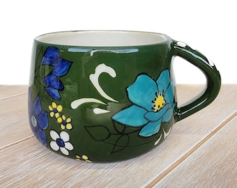 Blue Teal Green Ceramic 1960s Flower Coffee Mug Cup Floral Pattern Ceramic Pottery 60s 70s Vintage look