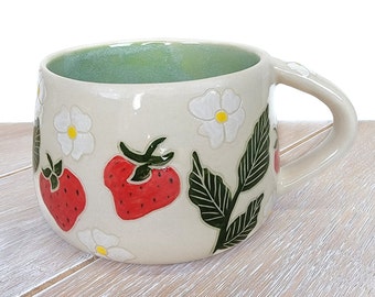 Berry Cup Red White Strawberry Decor Pattern Ceramic Pottery Coffee Mug Cup Handmade pottery Honeydew green