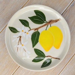 Keramiek Citroen Dessertbord Decor Gele Boom Bloesems Patroon Keramisch Aardewerk Fruit Citrus Lemon Plate # 1