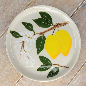 Ceramic Lemon Dessert Plate Decor Yellow Tree Blossoms Pattern Ceramic Pottery Fruit Citrus