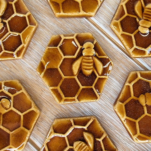 Qty 1 Honeybee Mosaic Tile Design Ceramic Bee Honeycomb golden gold Honey color pattern