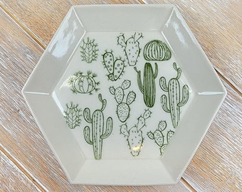 Ceramic Green Cactus Tray Dish Plate Pottery Desert Country kitchen Cacti