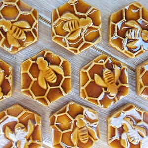 Qty 1 Bee Magnet Carved Design Ceramic Pottery Fridge Magnet Office Supplies Honey Honeycomb cottagecore decor image 6