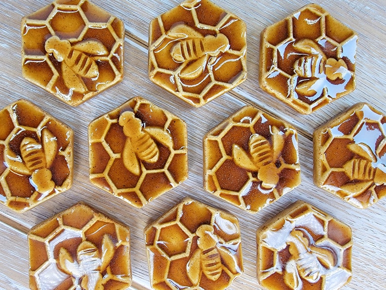 Qty 1 Bee Magnet Carved Design Ceramic Pottery Fridge Magnet Office Supplies Honey Honeycomb cottagecore decor image 6