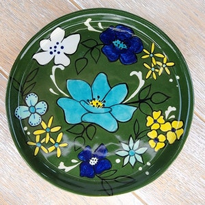 Blue Teal Green Ceramic 1960s Flower Dessert Plate Floral Pattern Ceramic Pottery 60s 70s Vintage look