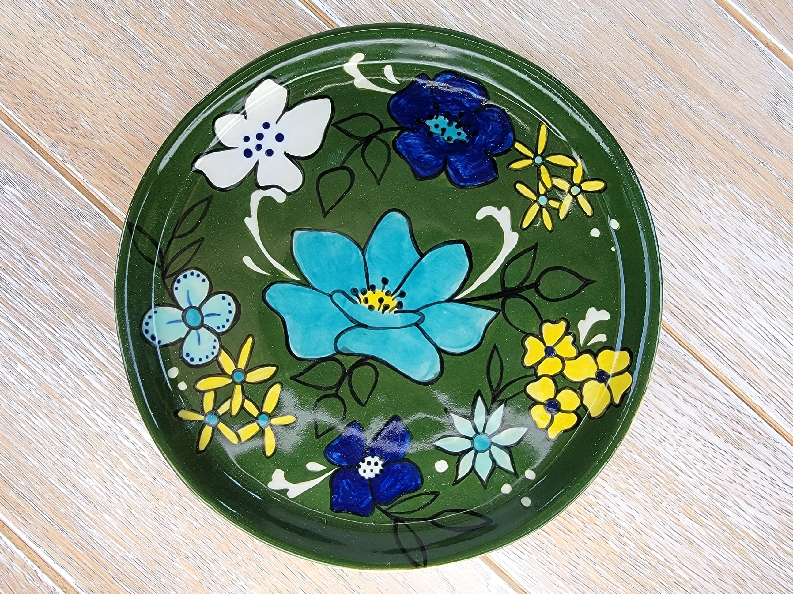 Blue Teal Green Ceramic 1960s Flower Dessert Plate Floral Pattern Ceramic Pottery 60s 70s Vintage look