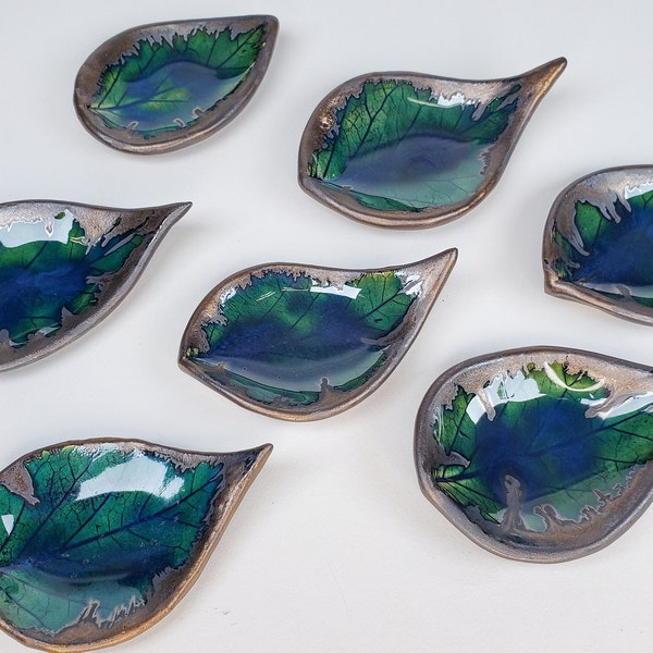 Small Ceramic Green and Brass Leaf Dish Tray Wedding Favor Tropical Blue Green Gold Bronze Metallic