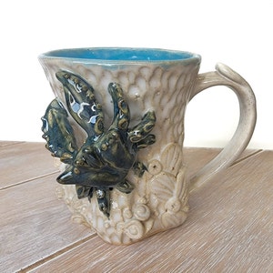Blue White Crab Ceramic Mug Coffee Cup Handmade Pottery Stoneware sealife Ocean Decor Kitchen