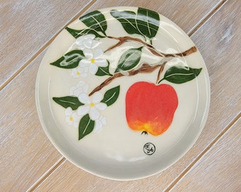 Ceramic apple Dessert Plate Decor Red Tree Blossoms Pattern Ceramic Pottery Fruit