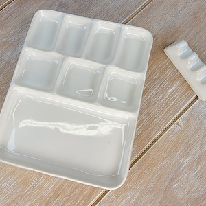 Ceramic White Paint Palette Ink Watercolor oil 8 Pan well paintbrush rest Artist supply tool Travel art studio painter gift Tray