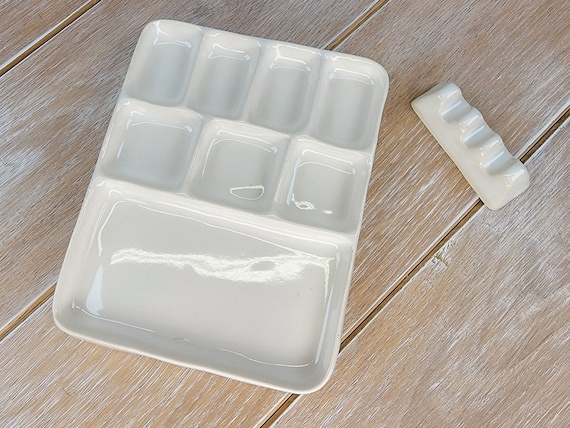 Ceramic White Paint Palette Ink Watercolor oil 8 Pan well paintbrush rest Artist supply tool Travel art studio painter gift Tray