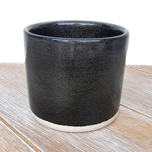 May include: A black ceramic planter with a white rim. The planter has a speckled finish.
