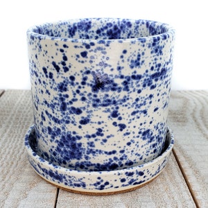 Matte Blue White Speckled Succulent Planter Ceramic Pottery Country Handmade Dish