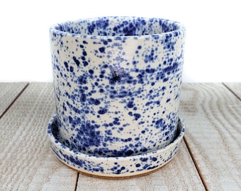 Matte Blue White Speckled Succulent Planter Ceramic Pottery Country Handmade Dish