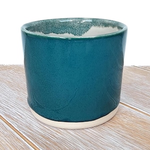 Teal and White Glazed Succulent Planter Cream Ceramic Pottery Handmade Country Turquoise Blue