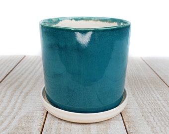 Teal White Succulent Planter Pot Ceramic Pottery Handmade Cactus Modern Turquoise Blue