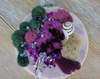 Purple Ceramic Snail Mushroom Moss Abstract Beaded Art Fiber Sculpture Textural Moss Embroidery 3D Modern hoop