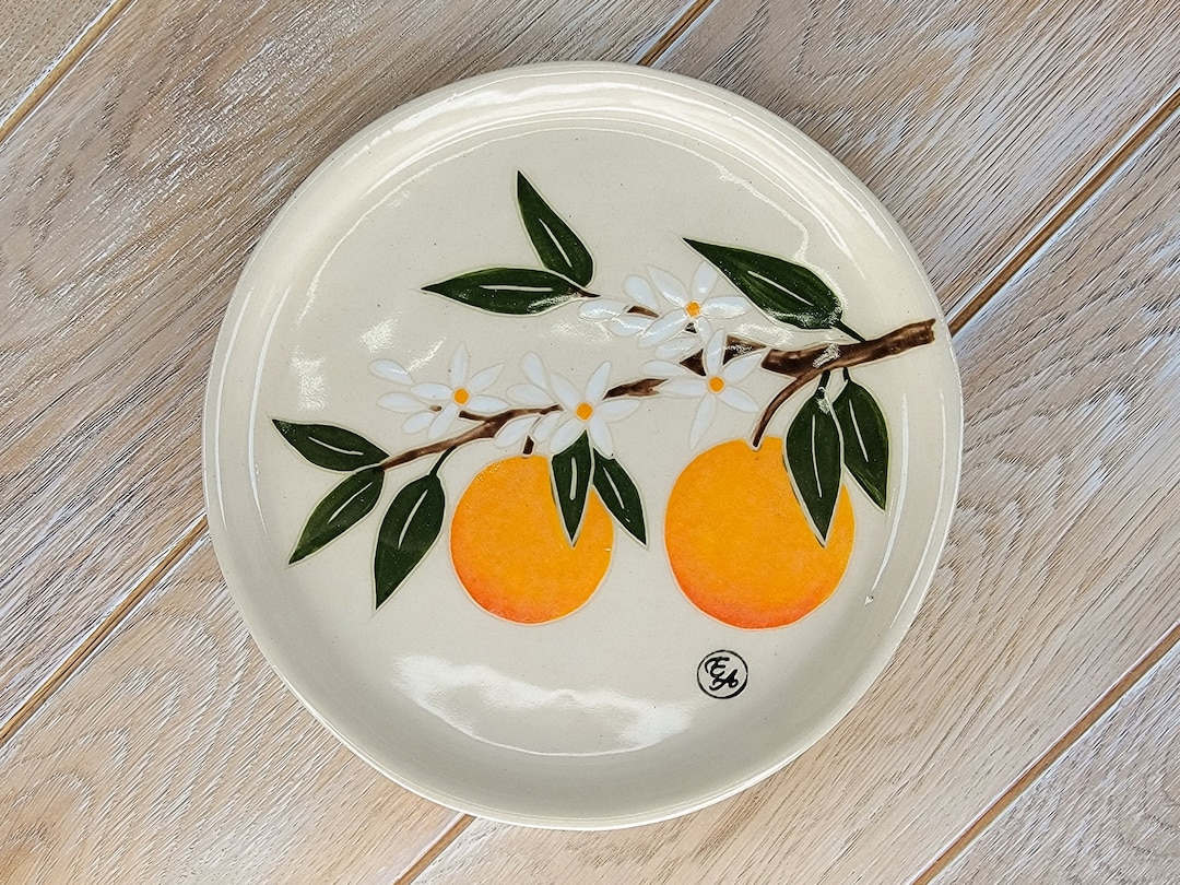 Ceramic Orange Dessert Plate Decor Mandarin Tree Blossoms Pattern