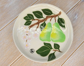 Ceramic Pear Dessert Plate Decor Green Tree Blossoms Pattern Ceramic Pottery Fruit