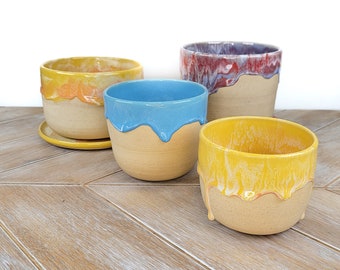 Qty 1 Orange Yellow Purple Blue Red Ceramic Succulent Planter Indoor Pot Ceramic Desk Pottery Bowl Handmade Cactus Modern Drip