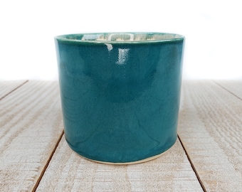 Teal and White Glazed Succulent Planter Cream Ceramic Pottery Handmade Country Turquoise Blue