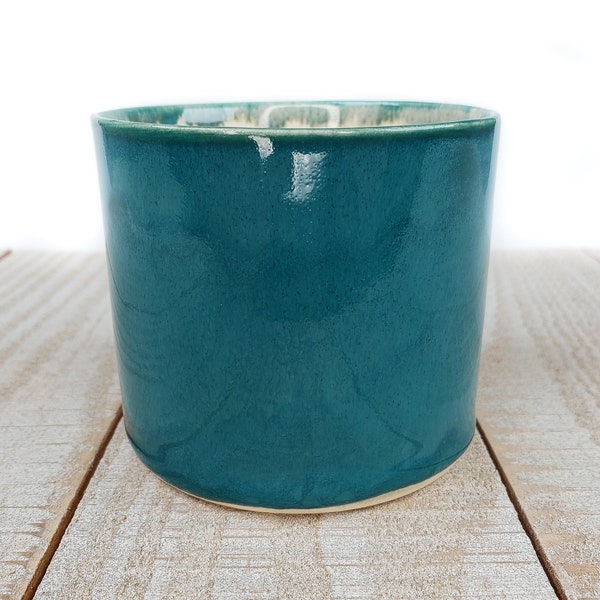 Teal and White Glazed Succulent Planter Cream Ceramic Pottery Handmade Country Turquoise Blue