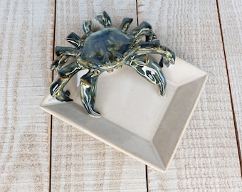 Crab Tray Stoneware Pottery Soap Dish Sealife Crustacean Decor Ocean Kitchen Ceramic White pottery handmade Blue Crab