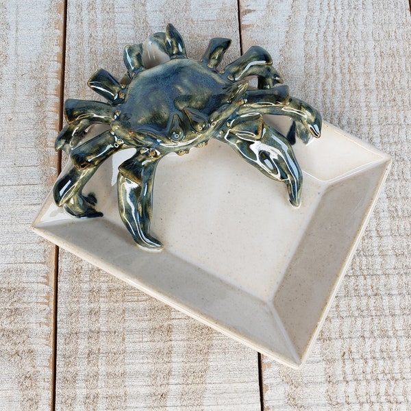 Crab Tray Stoneware Pottery Soap Dish Sealife Crustacean Decor Ocean Kitchen Ceramic White pottery handmade Blue Crab